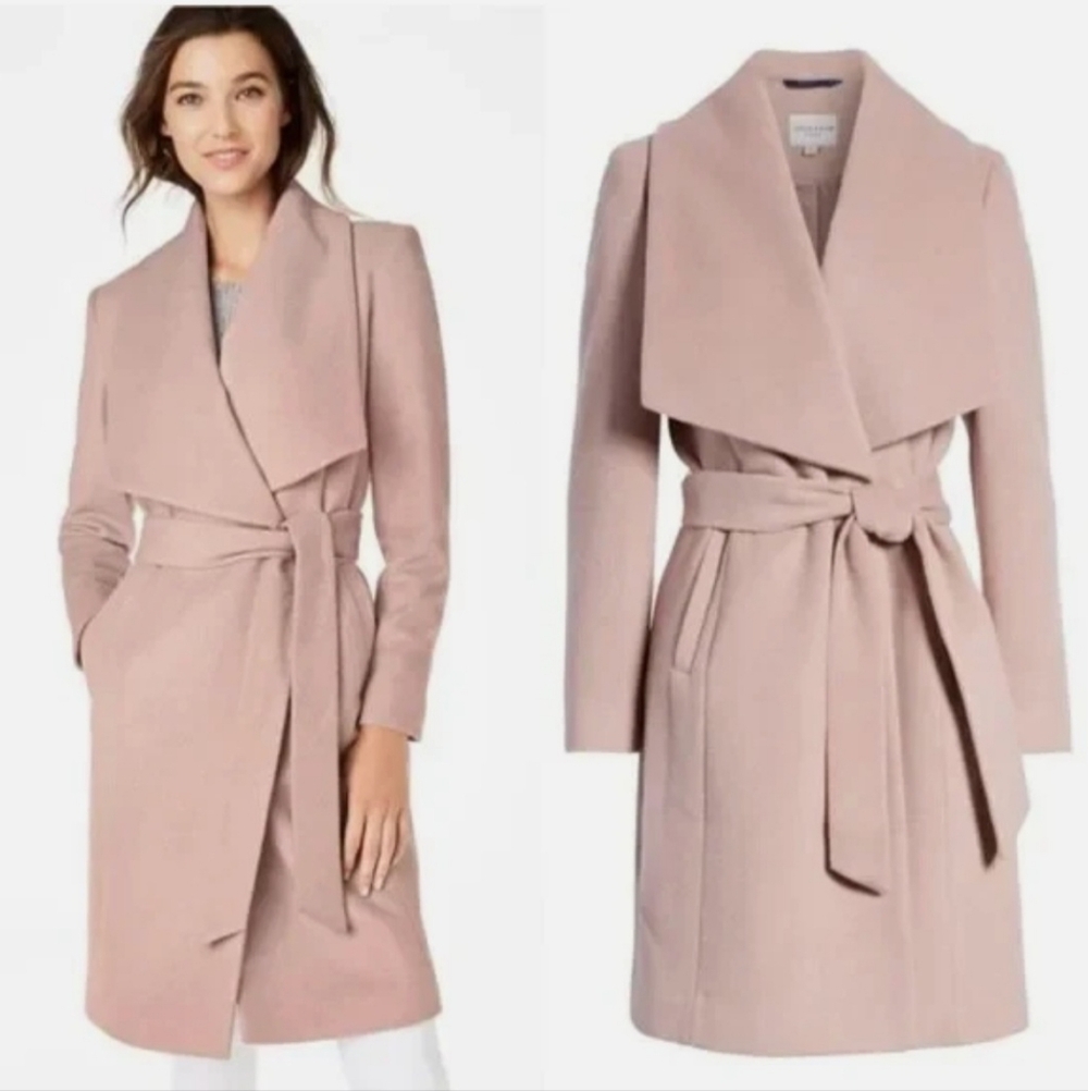 Cole Haan Slick Wool Blend Belted Wrap Coat Dusty Pink Sz 2